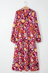 Printed Johnny Collar Long Sleeve Midi Dress OutfitFlow